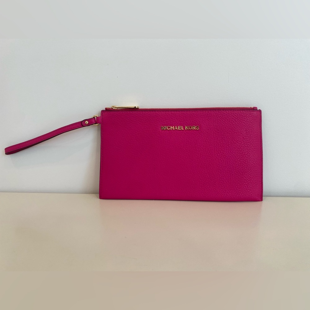 Michael Kors Leather LG Zip Clutch Wristlet in Electric Pink